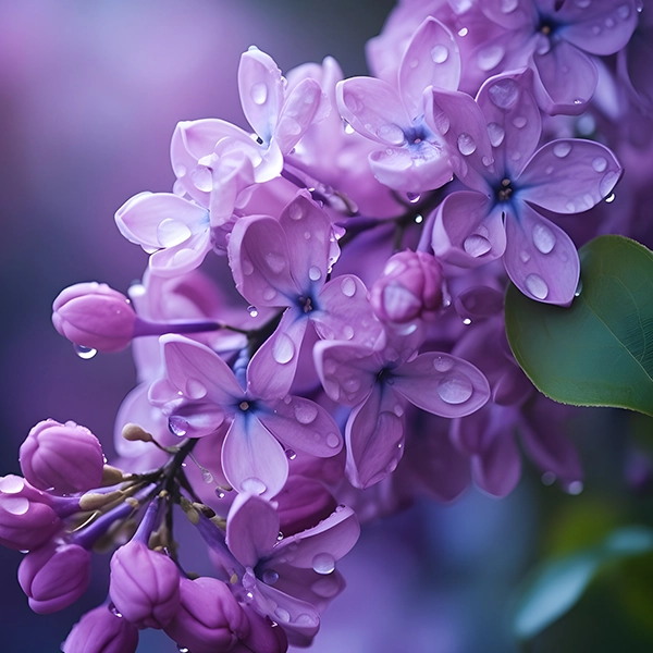 Fleurs de lilas en pleine floraison, avec des pétales violets et des gouttes de rosée. Les fleurs sont regroupées en grappes denses, avec des feuilles vertes visibles en arrière-plan.