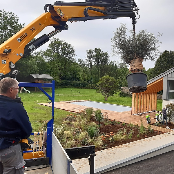 Un homme utilise une grue orange pour soulever un grand arbre en pot au-dessus d'un jardin paysager. En arrière-plan, une piscine rectangulaire et une terrasse en bois sont visibles, entourées de diverses plantes et d'arbustes. Un bâtiment moderne avec des murs en bois se trouve à droite.