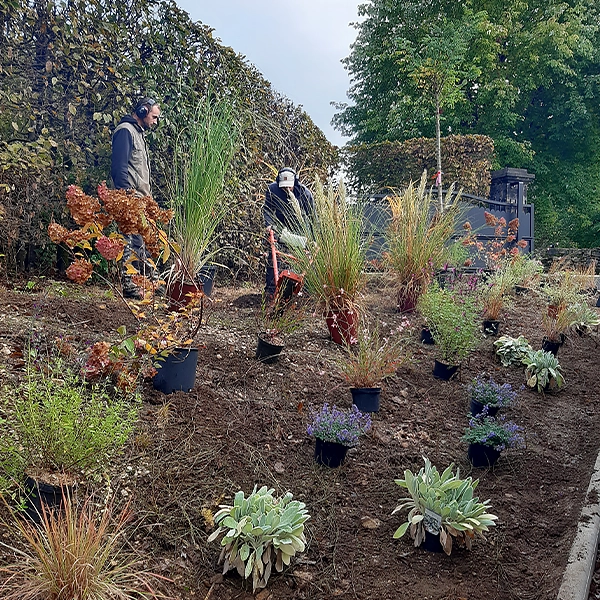 Deux personnes travaillent dans un jardin en pente, entourées de diverses plantes en pot. Les plantes incluent des herbes ornements, des arbustes et des fleurs. Le jardin est entouré d'une végétation dense et d'arbres en arrière-plan.